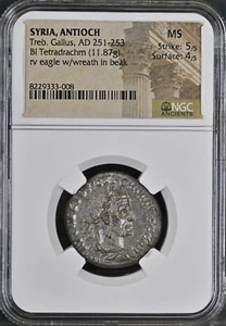 Syria, Antioch Treb Gallus, AD 251-253 BI Tetradrachm Rev Eagle NGC MS 5/5, 4/5 - Picture 1 of 4