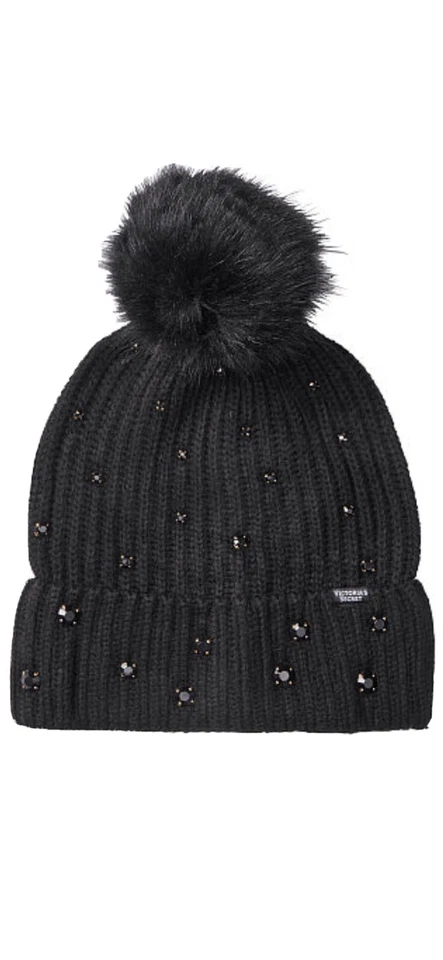 全新 Victoria Secret Luxe Pom 帽子 黑色宝石 铆钉 假日 2020 全新带标签 — 第 1/1 张图片