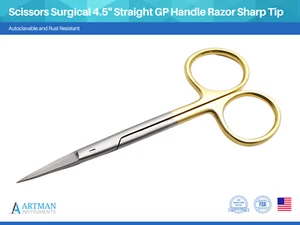 Scissors Surgical 4.5" Straight Gold Plated Handle Razor Sharp Tip ARTMAN - Picture 1 of 9