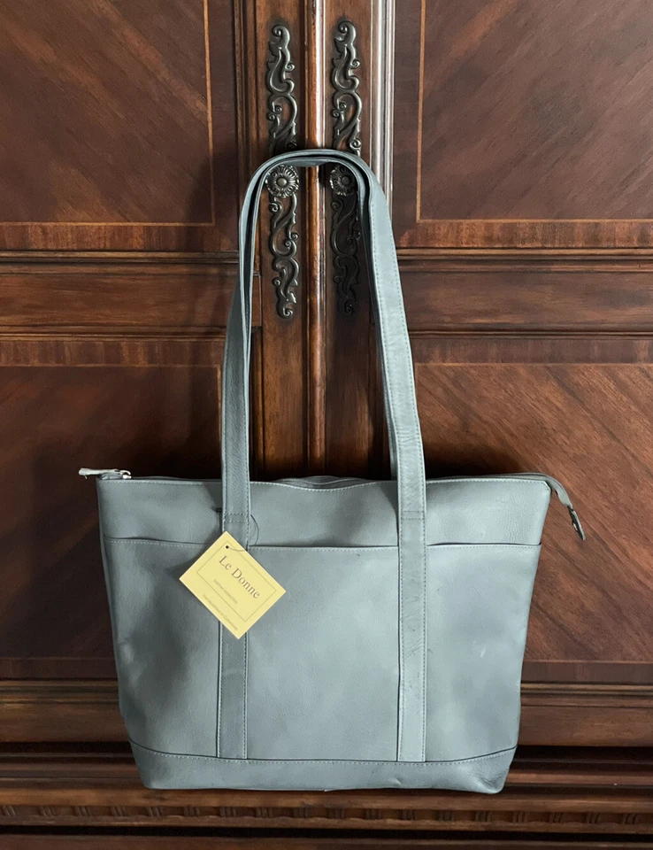 NUEVO CON ETIQUETAS Bolso de Mano Le Donne Grande Gris Cuero con Cremallera Doble Correa 17”x12”x5” Foto 1 de 4