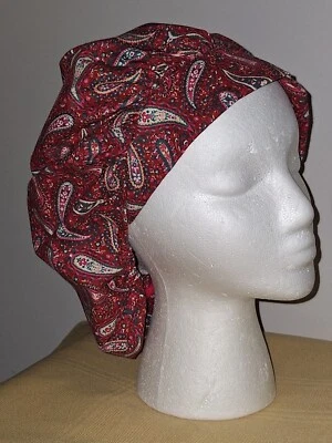 Red Paisley Medical Surgical Bouffant Scrub Hat ONE SIZE !! L - Image 1 of 2