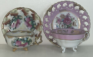 Vintage Royal Sealy Japan Pink Gold Iridescent 3 Footed Teacup & Saucer Lot of 2