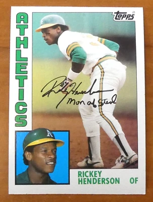 Tarjeta Jumbo Topps 1984 autógrafo firmado a mano Rickey Henderson "Man of Steal" Foto 1 de 3