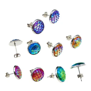 5 pairs Mermaid Scale Resin Cabochon Stud Earring Stainless Steel 8mm 10mm 12mm - Picture 1 of 6