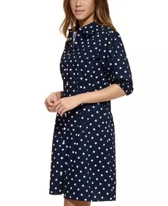 Tommy Hilfiger Women's Sz 14 Cotton Polka Dot Balloon Sleeve Shirtdress In Blue - Picture 1 of 5