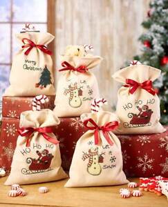 Set of 5 Holiday Burlap Large Treat Bags Christmas Candy Gift Bag NEW