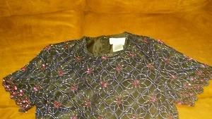 Black base pink floral sequin silk PAPELL BOUTIQUE EVENING short sleeve blouse M - Picture 1 of 8