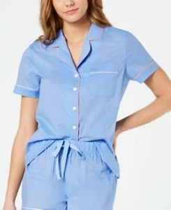 Charter Club Blue Pajama Top Notch Collar Button Woven Cotton Short Sleeve Sz S - Picture 1 of 11