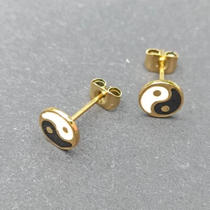 Ohrringe Yin Yang Ohrstecker schwarz weiß gold Emaille schönes Geschenk Freunde - Bild 1 von 3