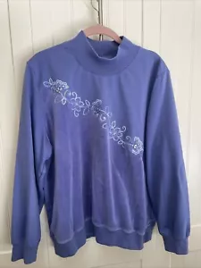 Alfred Dunner Sweatshirt L Blue Velour Embellished Mock Turtleneck Long Sleeves - Picture 1 of 11
