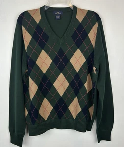 Brooks Brothers Argyle Sweater Mens M V Neck Green 100% Cotton Preppy Classic - Picture 1 of 5