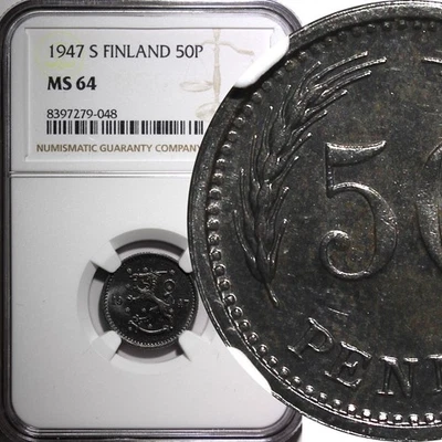 FINLAND Iron 1947 S  50 Penniä NGC MS64 TOP GRADED BY NGC KM# 26b (048) - Image 1 of 4