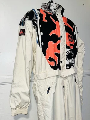 Vtg 1980s 90s QUIKSILVER Ivory Neon Logo Print Snowsuit Ski Jumpsuit Mens Medium - Image 1 of 4