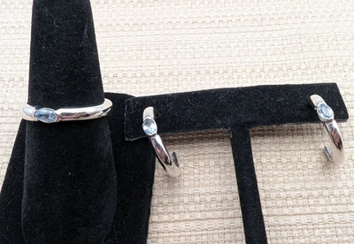 Avon Sterling Silver Semi-Precious Blue Topaz Stackable Ring SZ 8 & Earring Set - Image 1 of 4