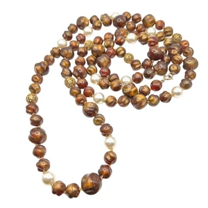 Vintage '60s '70s Bronze Faux Chocolate Pearl Gold Filigree Beaded Necklace 60" - Picture 1 of 4