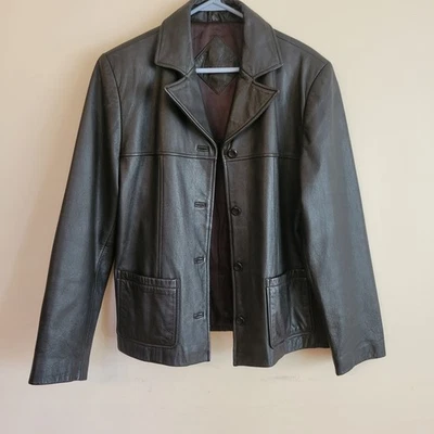 Jacqueline Ferrar Women's Large Black Leather Button Up Jacket With Brown Lining - Image 1 of 4