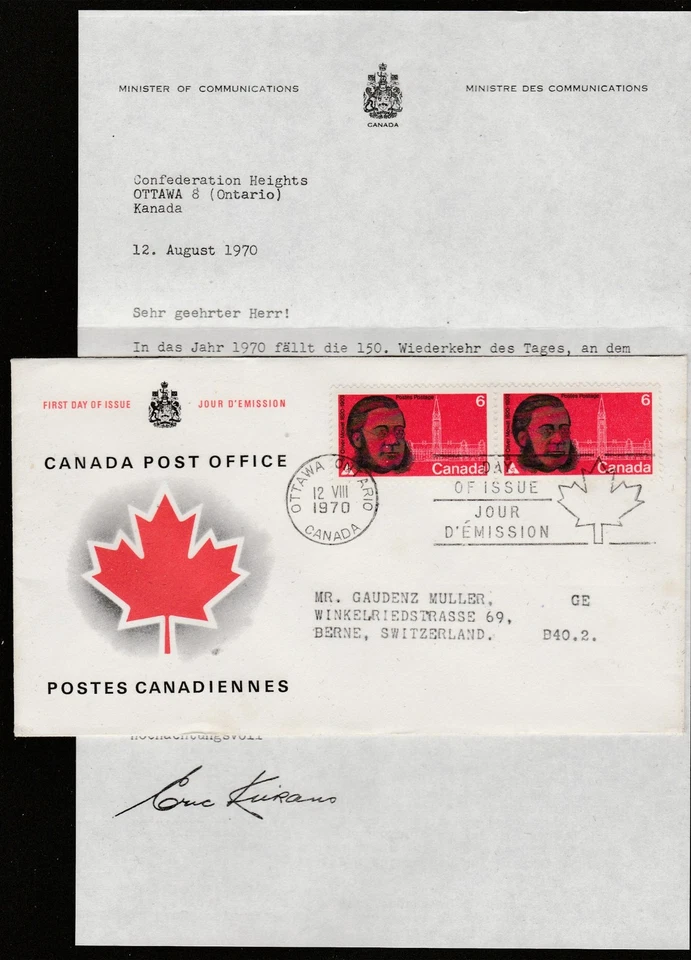 Canada to Switzerland 6c x2 Sir Oliver Mowat REPLACEMENT PRESENTATION FDC 1970 - Image 1 of 1