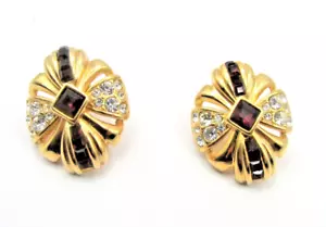 Vintage Nolan Miller große Ohrstecker goldfarben Rubin rot & weiß Strass - Bild 1 von 7