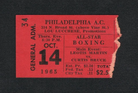 1965 Leotis Martin vs Curtis Bruce Philadelphia boxing ticket Goss Brewer Massey Cover