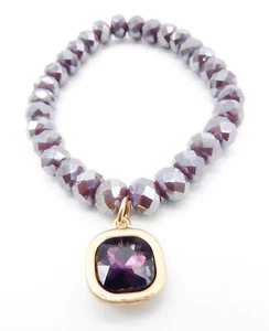 GORGEOUS Purple Moonstone Crystals Square Gold Crystal Charm Stretch Bracelet - Picture 1 of 10