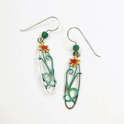 Sienna Sky Earrings Sterling Silver Hook Yellow Flower in Oval Frame Handmade - Image 1 of 4