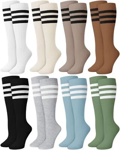8 Pairs Kids Striped Tube Socks Cotton Knee High Colorful Retro Stripe Athlet... - Picture 1 of 6