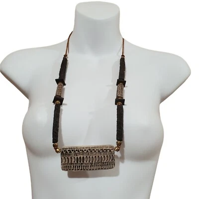 Cuneiform Style Pottery Bead Pendant Necklace Gold Tone Spacer 26" Rustic Brutal - Image 1 of 4