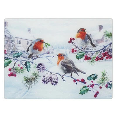 Christmas Robins Scene Glass Cutting Chopping Board Worktop Saver - Image 1 of 3