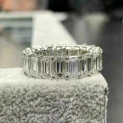 6x4MM Emerald Cut Moissanite Full Eternity Wedding Band 14K White Gold Plated - Image 1 of 4