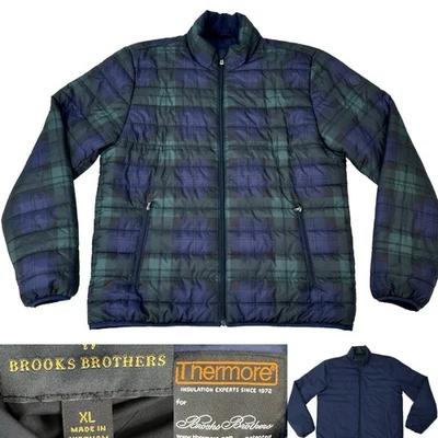 Brooks Brothers Reversible Quilted PlaidPuffer Jacket Men XL NavyGreen Thermore - Image 1 of 4