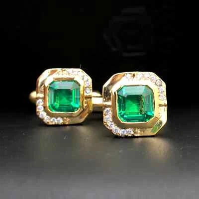 Gemelos de boda para hombre enchapados en oro amarillo de 14 quilates corte Asscher creado en laboratorio esmeralda Foto 1 de 4