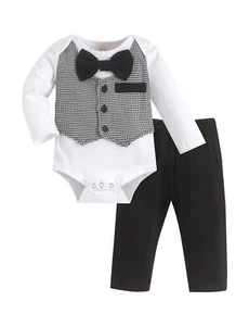 Baby Boy Long Sleeve Tuxedo Romper Bowtie Gentleman Outfit - Picture 1 of 7