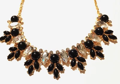 Clear and Black Marquise Cut Stone Necklace Gold Tone Glass & Acrylic Statement - Image 1 of 4