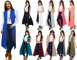 Womens Ladies Boyfriend Sleeveless Open Long Maxi Plain Duster Cardigan Top 8-26 - Picture 1 of 97