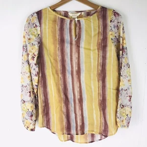 Sundance XS Striped Floral Keyhole Blouse Yellow Burgandy - Picture 1 of 4