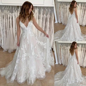 Beach Wedding Dresses  Sleeveless Lace Applique Backless Sweep Train Bridal Gown - Picture 1 of 10