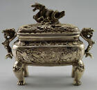 Antique Handwork Tibet Silver Carved Dragon Dog Lion Old Incense Burners Censer