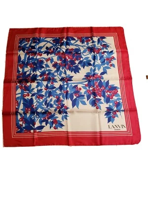 NUEVO DE COLECCIÓN Lanvin Paris TODO LA SEDA Bufanda Rojo Blanco Azul Hojas Enrolladas a Mano 26x26" Nuevo de Lote Antiguo Foto 1 de 4