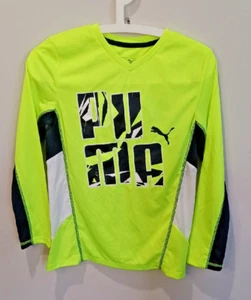 Boys Puma Neon Yellow Black Logo Long Sleeve Moisture Wick Shirt Medium 10-12 - Picture 1 of 6