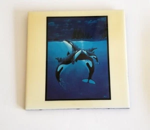 Frank Walsh Northern Eve Orcas Whale Print on Yellow Ceramic Art Tile 8x8 - Picture 1 of 9