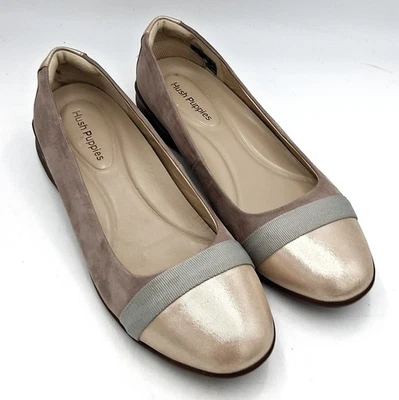 Hush Puppies Taupe Suede Metallic Gold Toe & Heel Flats Loafers Slip On Shoes 11 - Image 1 of 4