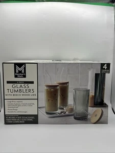 Member's Mark 4 Glass Tumblers w/ Beech Wood Lids & Glass Straws & Brush NOB - Picture 1 of 16