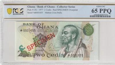 Ghana 1977 2 Cedis Specimen Certified PCGS Banknote UNC 65 PPQ Pick CS1 - Image 1 of 2