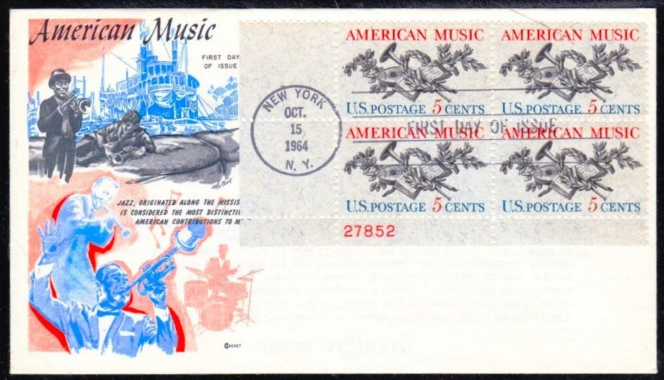 US 1964 American Music Plate Block  (1252) .  Cover Craft Cachet  . FDC - Image 1 of 1