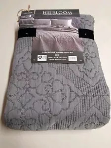 Heirloom Hand Crafted Stone Washed Quilt Bed Cover, 2 Shams, King Size, Grey NWT - Picture 1 of 6