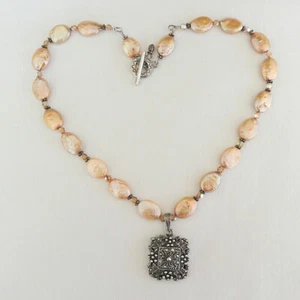 VTG Sterling Silver Peach Pearl Marcasite Faceted Beads Pendant Necklace Classic - Picture 1 of 9