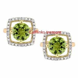 Natural Peridot & CZ Gemstones With 925 Sterling Silver Gold Plated Cufflinks - Picture 1 of 3