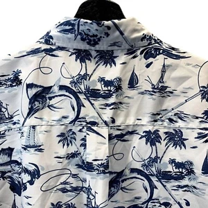 Chaps Shirt Mens XL White Blue Fish Print UPF50+ Hawaiian Fishing Button Down - Picture 1 of 11