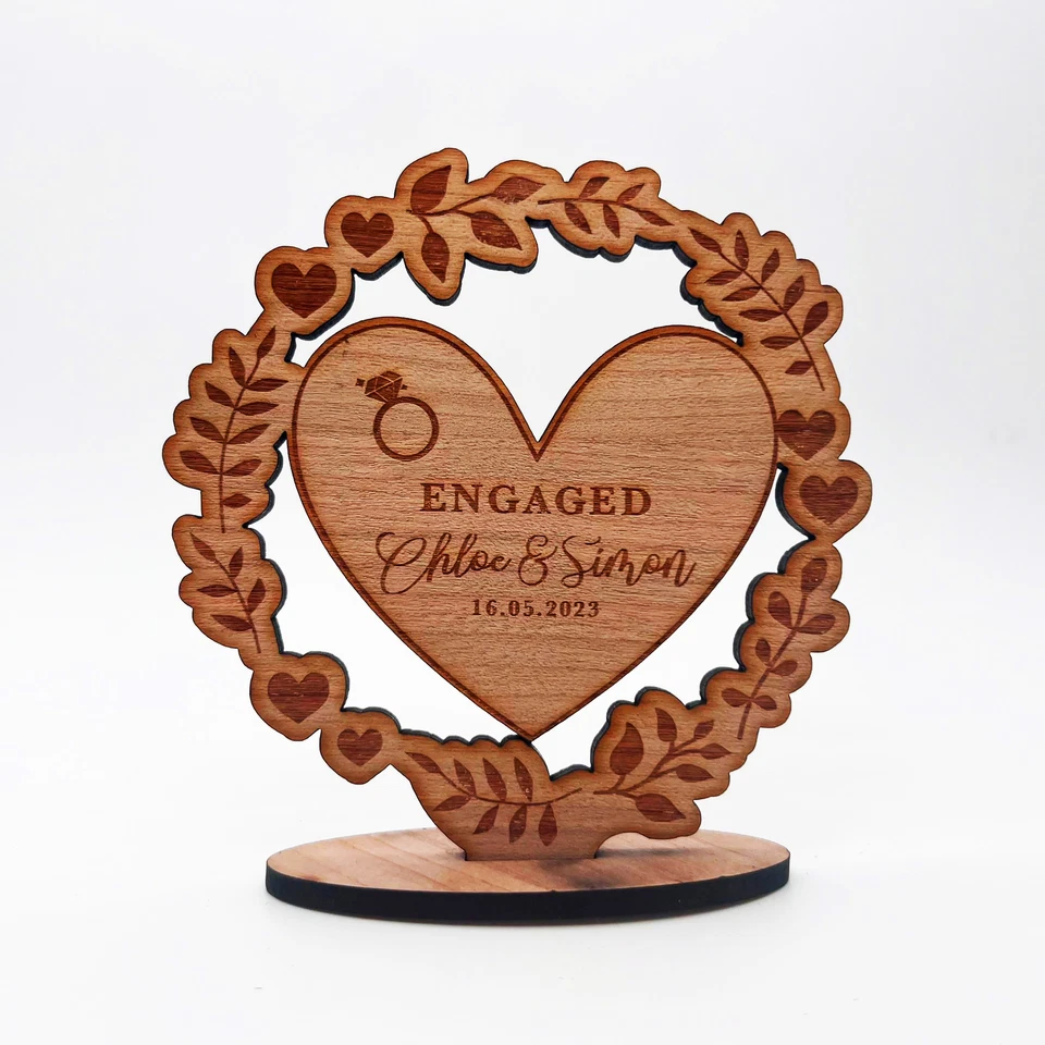 Wood Engagement Floral Heart Engaged Congratulations Keepsake Personalised Gift - Image 1 of 3
