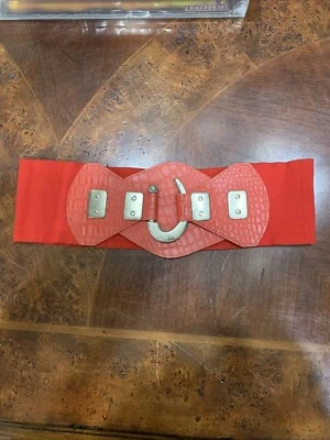 Vintage 80s Red Wide Leather Hook Closure  Elastic Belt - Image 1 of 4